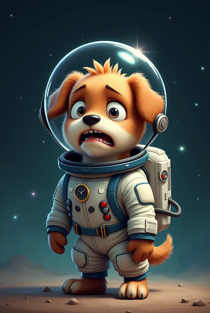 Crying cartoon dog in a space suit
