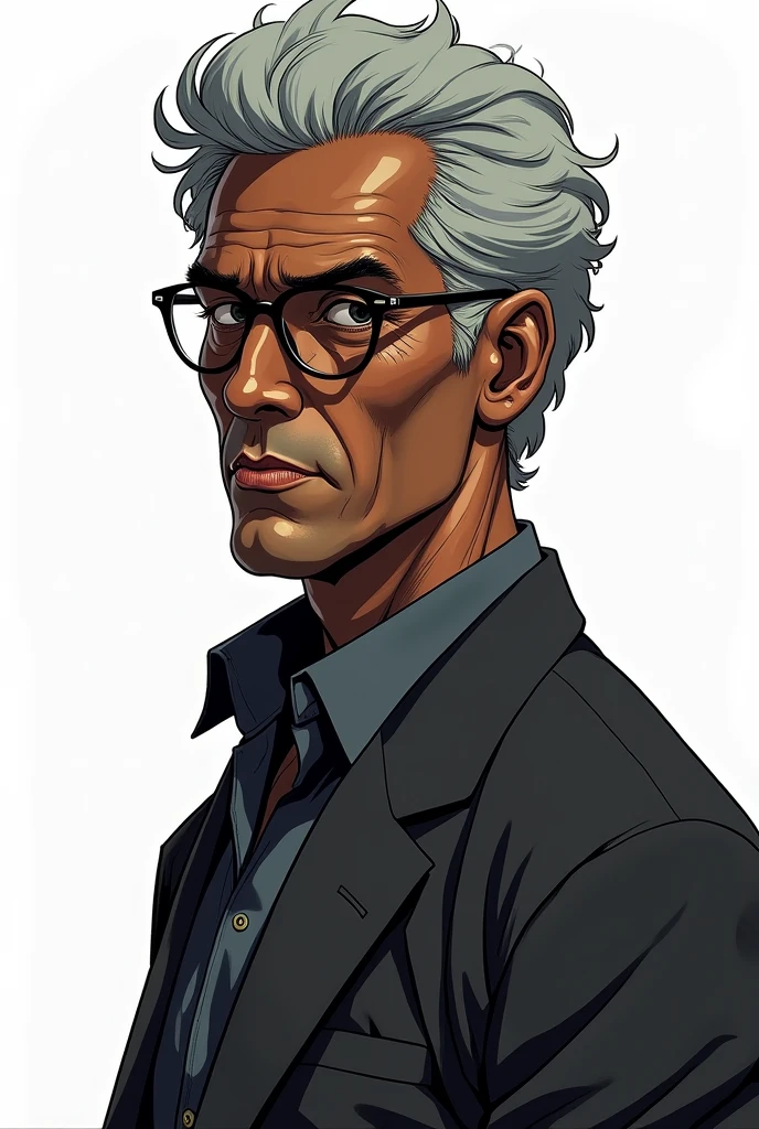 Profile image of a middle-aged man named Michael Saldanha. He has deep black skin, short, curly gray hair, and wears thin-framed glasses. His eyes are dark brown, showing a sharp, analytical expression. He has a slender build, with a slightly stooped posture from working long hours in a lab. The style should blend 1980s comic book art with 1980s anime, showing him in a confident but reserved pose. The background should be transparent. Different angles, character sheet, white background --3:2 aspect ratio, different poses