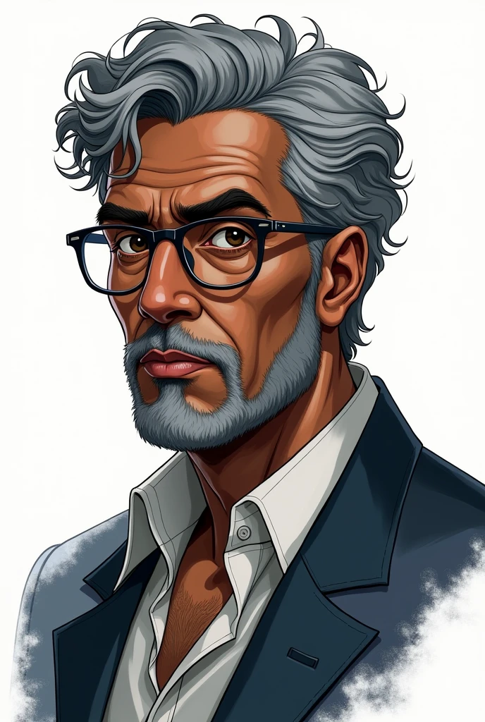 Profile image of a middle-aged man named Michael Saldanha. He has deep black skin, short, curly gray hair, and wears thin-framed glasses. His eyes are dark brown, showing a sharp, ytical expression. He has a slender build, with a slightly stooped posture from working long hours in a lab. The style should blend 1980s comic book art with 1980s anime, showing him in a confident but reserved pose. The background should be transparent. Different angles, character sheet, white background --3:2 aspect ratio, different poses