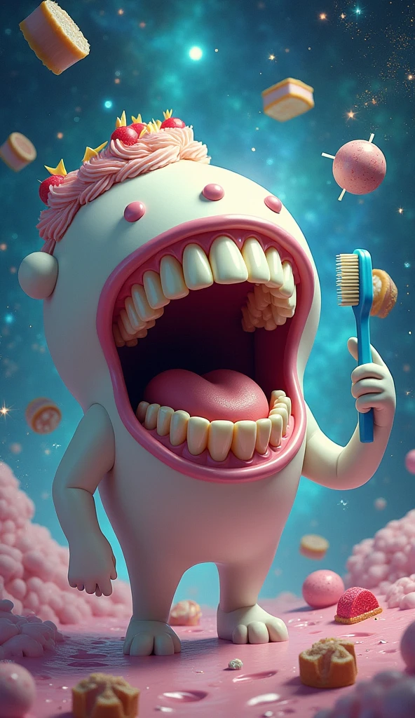 Teeth, white teeth, big teeth, gold teeth, Blue saliva brush, candy, cake, there is to, Space