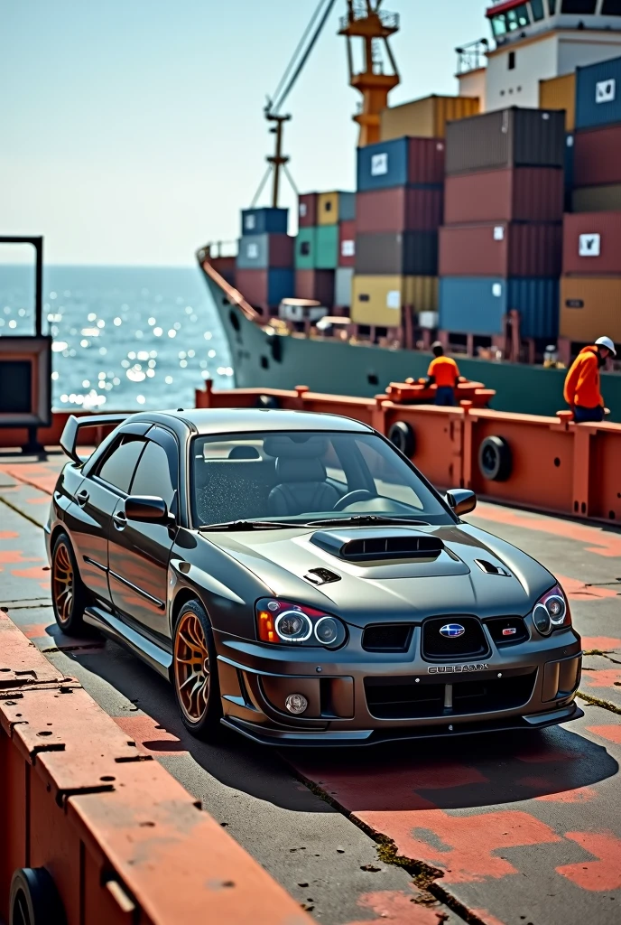 A gray 2006 Subaru Impreza WRX on a cargo ship bound for Venezuela