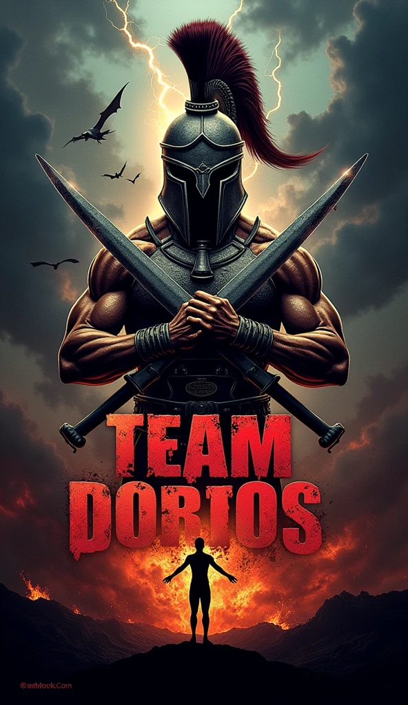 I want you to create a typical logo for an elite calisthenics athlete team..
To detail the idea The Logo Should have a Greek warrior helmet with 2 swords in front of it in X, The background will be like a dungeon of the underworld, dark and with flames that express lament, anger and fear. With Dragons Flying In The Distance And Thunder Falling With The Words Of "Team Dorios" In front of the logo, Big letters with blood that inspire respect and inspiration and in the lower part of the image I want you to put the words "Calistenia Y Street Workout" With Radiant Matte Colors, That Generate Respect, Motivation and Inspiration" And Below The Words Is A Completely Black Person Making A "A Handstand"