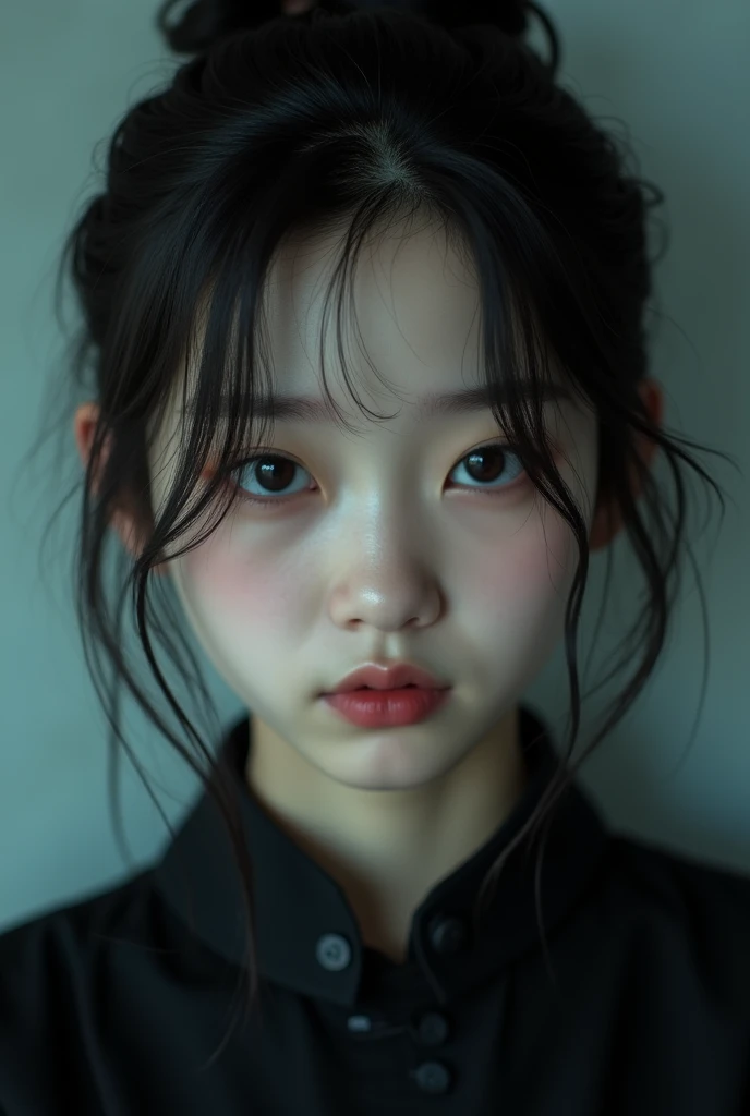 Generates a real front photo of a Korean teenage girl with mysterious style