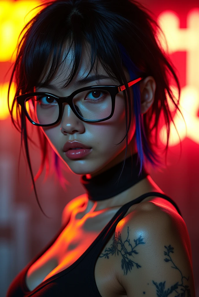 Realistic and professional photography of (1 girl),(cyborg ninja style:1.0),female ninja with sword,wearing fishnet stockings,正面,1 girl,(eyes large:1.2),(gorgeous eyes:1.2),(beautiful face:1.3),(face detailed:1.3),(ssmile),(muscular:1.1),(sensuous:1.3),(thick-thighs:1.2),(Sweat-drenched body),(the background is black:1.5),(blur the background:1.2),(work of art,highest quallity,ultra-high resolution,super verbose,8k),wall-paper, shorth hair, with black highlights with blue and red highlights, with thick black framed glasses. neon lights in the background in yellow and red tones
