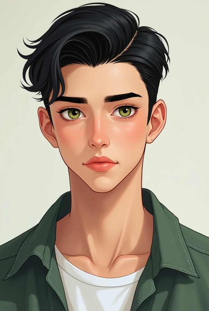boy of , Caucasian skin, slicked black hair, greenish brown eyes, height 164 cm, innocent look, reddish and full lips, thin with defined muscles, casual clothes.