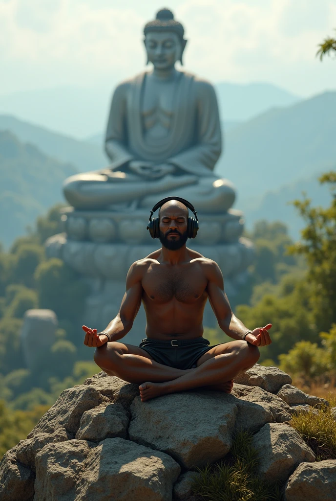 A bald Brazilian from the favela, beardless meditating on a green mountain peak, dry shepado, with large black headphones and a huge blurred Buddha statue behind.