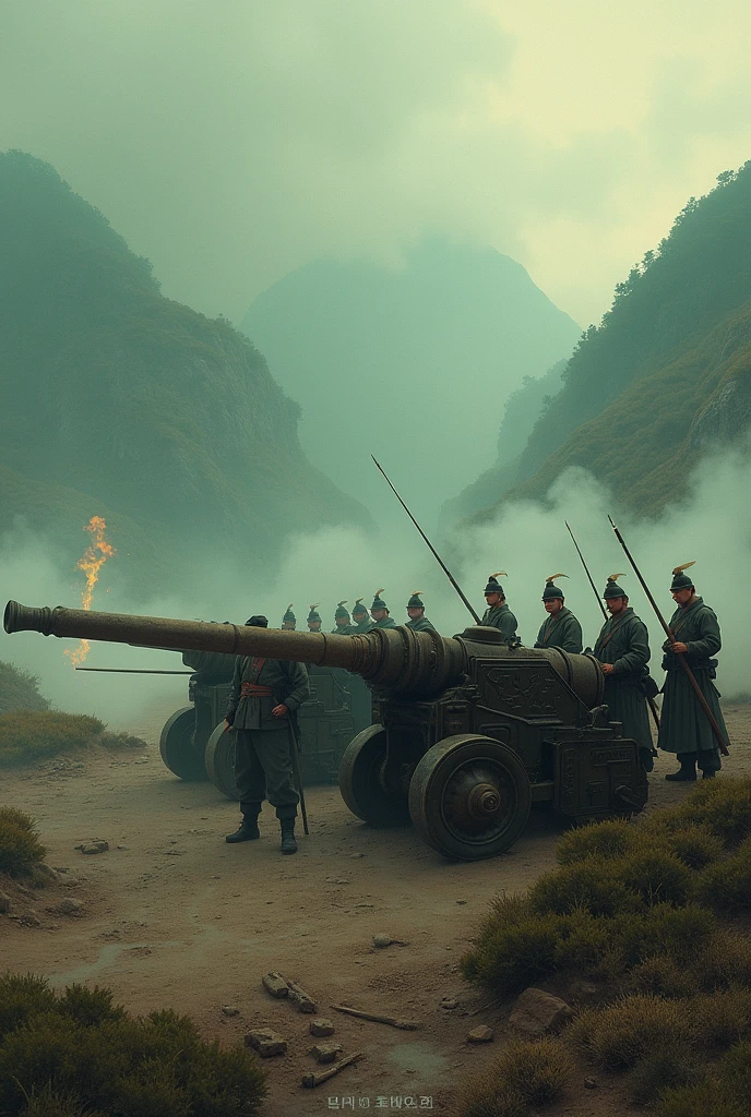 Korean artillery crew with traditional cannons, Joseon Dynasty battlefield, oil painting style, historical uniforms, misty mountains, smoke and fire, atmospheric lighting, rich green and brown palette, classical East Asian art influence