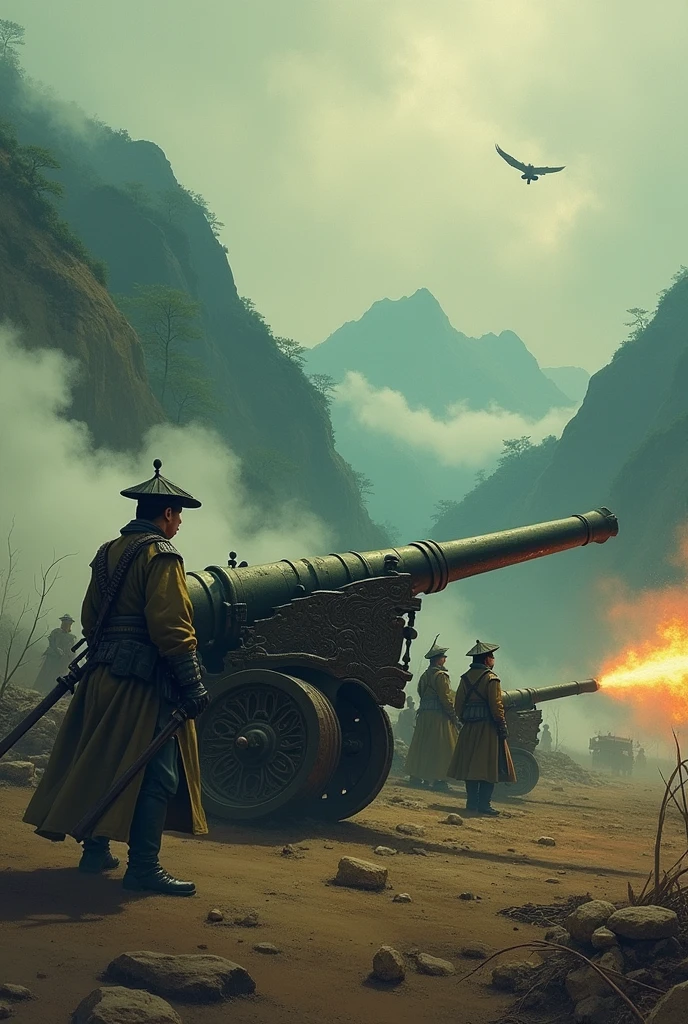 Korean artillery crew with traditional cannons, Joseon Dynasty battlefield, oil painting style, historical uniforms, misty mountains, smoke and fire, atmospheric lighting, rich green and brown palette, classical East Asian art influence