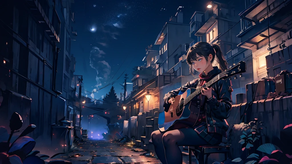 masterpiece,night,(dark alley),star、Night evening Sky、milky way、octone、
(1. Female), (solo), Knee hugging sitting,acousticguitar