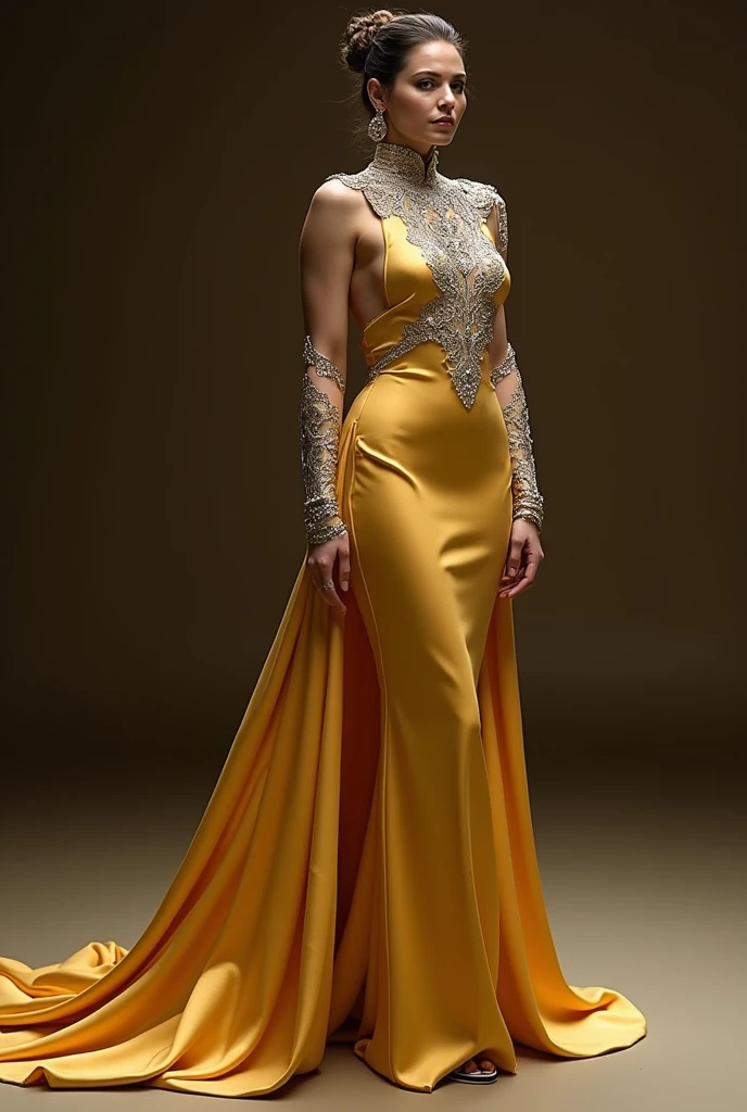 Create a long gold dress with silver details that has a turtleneck and a completely bare back, as well as a leg with sleeves up to the shoulders like a T-shirt.