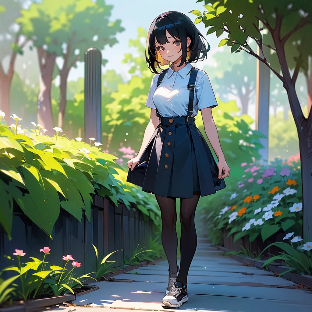(high quality, High resolution, Very detailed, reality:1.37), Peaceful atmosphere, (Outdoor, garden), Teenage girl standing alone, (my breasts are big.), Beautiful details, Cute Smile, (Black bob hair), Short sleeve shirt, Denim skirt, Black tights, sneakers.