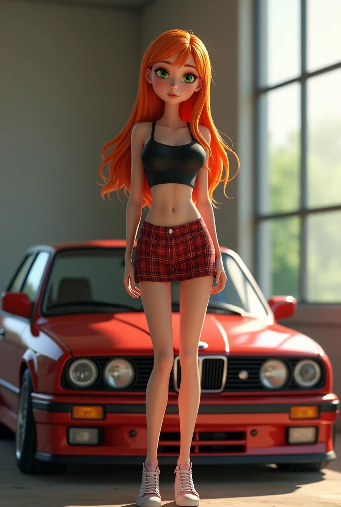 You can make an animated image of a tall girl 1.65 tall skinny white girl with orange hair with dark brown hair down to her back green eyes posing for a photo next to her BMW M3 e30 car wearing a racing plaid skirt and a nice black crop top that doesn't cover the BMW and at the same time you can see the girl
