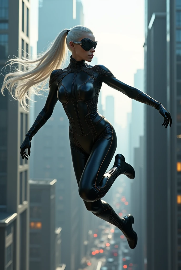 (((A beautiful woman with white hair tied back in a ponytail wearing a black leather jumpsuit, black Symbiote skin, long black gloves, black knee-high boots, a mask with black visors with silver trim, Robin jumping between the skyscrapers)))