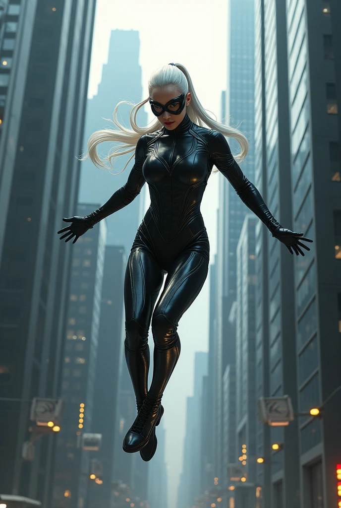 (((A beautiful woman with white hair tied back in a ponytail wearing a black leather jumpsuit, black Symbiote skin, long black gloves, black knee-high boots, a mask with black visors with silver trim, Robin jumping between the skyscrapers)))