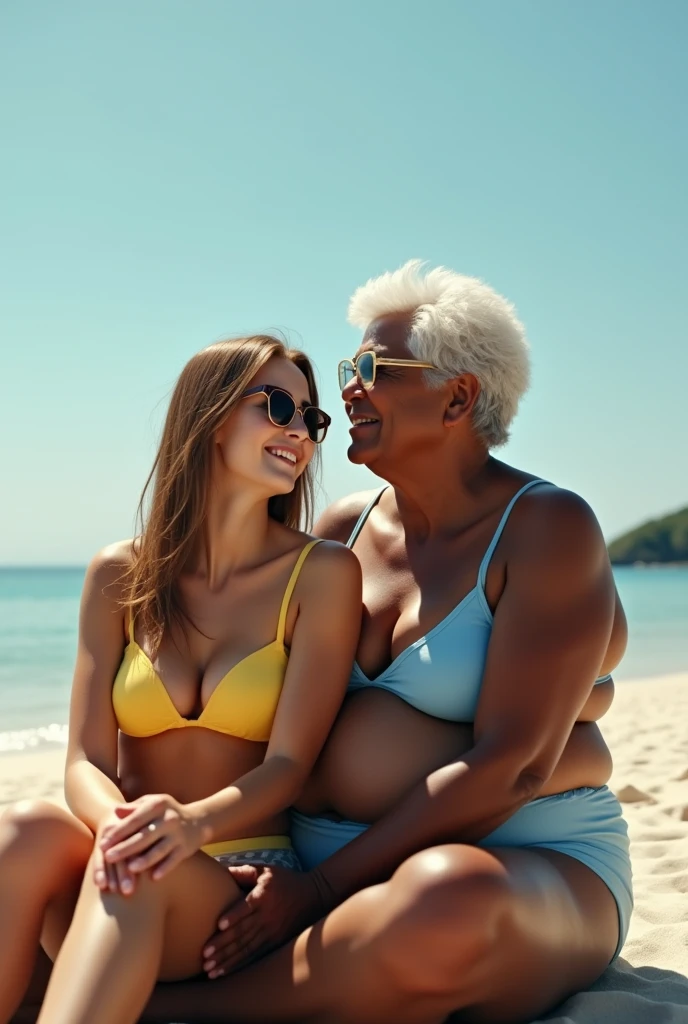 Create a photo of a 30 year old young woman, with long light brown hair with strands of hair on the face, slender and beautiful body, wearing sunglasses, wearing a yellow bikini, with white and clear skin, sitting on the lap of an elderly black lady's legs, dark-skinned, obese, did, with short hair who is wearing a blue swimsuit and glasses