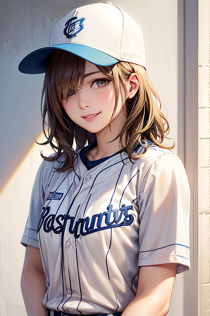 (Highest quality、8k、32K、masterpiece)、(Realistic)、(Realistic:1.2)、(High resolution)、Very detailed、Very beautiful face and eyes、Tight waist、(close、Highest quality、Attention to detail、Rich skin detail)、(Highest quality、8k、Oil paints:1.2)、(Realistic、Realistic:1.37)、Bright colors、(((Frame In)))、(((Pure white wall background)))、(((blonde)))、(((Upper Body Shot)))、(((Medium Hair)))、(((White wall background)))、(((Smiling)))、(((Arms folded in front of chest)))、(((Baseball uniforms)))、(((Light blue uniform)))、(((Medium Hair、Baseball cap)))、(((Closing one eye)))