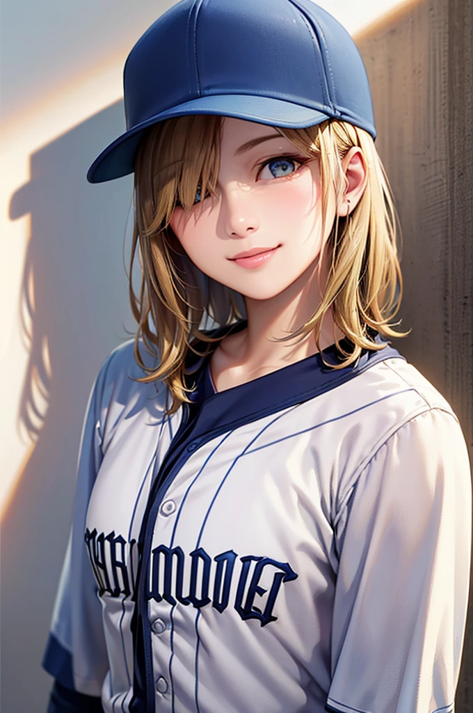 (Highest quality、8k、32K、masterpiece)、(Realistic)、(Realistic:1.2)、(High resolution)、Very detailed、Very beautiful face and eyes、Tight waist、(close、Highest quality、Attention to detail、Rich skin detail)、(Highest quality、8k、Oil paints:1.2)、(Realistic、Realistic:1.37)、Bright colors、(((Frame In)))、(((Pure white wall background)))、(((blonde)))、(((Upper Body Shot)))、(((Medium Hair)))、(((White wall background)))、(((Smiling)))、(((Arms folded in front of chest)))、(((Baseball uniforms)))、(((Light blue uniform)))、(((Medium Hair、Baseball cap)))、(((Closing one eye)))