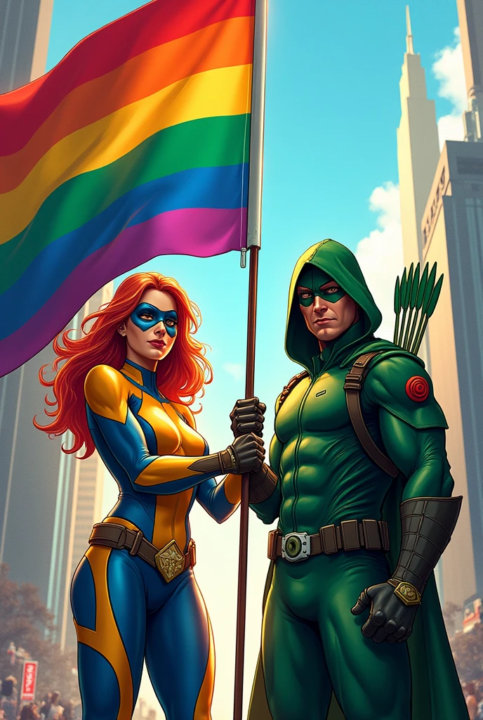 Make super shock and green arrow holding an lgbt flag together