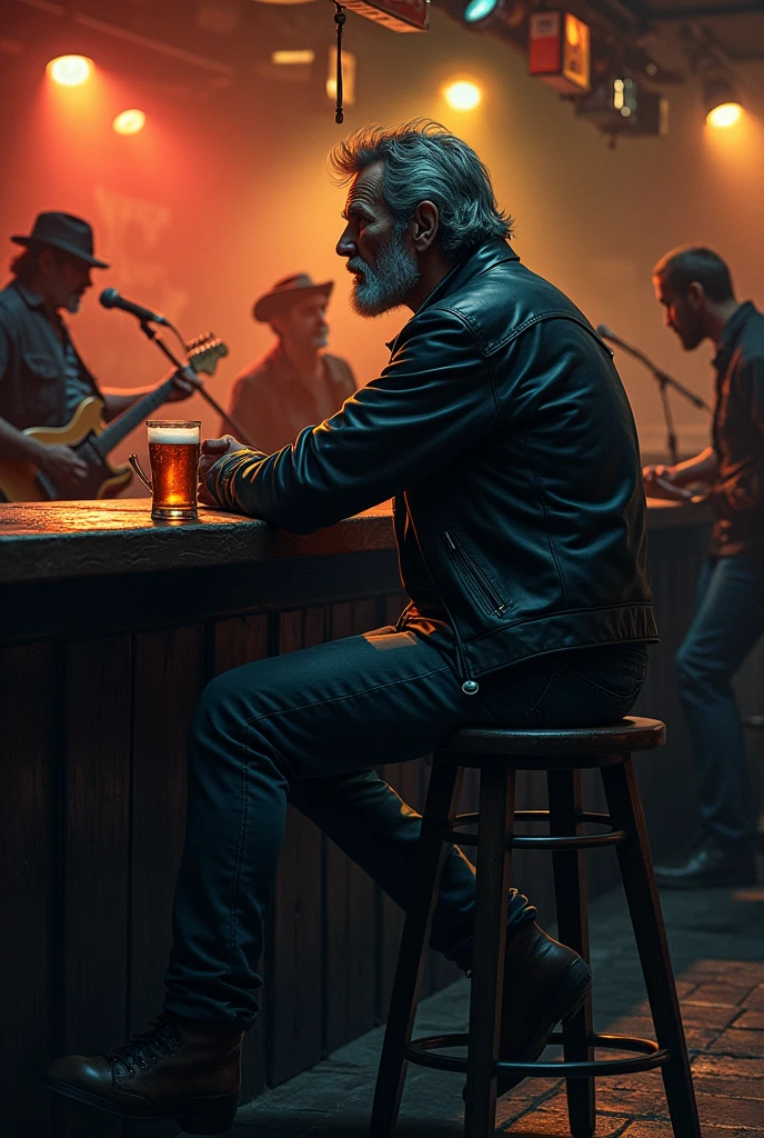 Rocker man drinking beer sitting in a bar with a blues band playing music