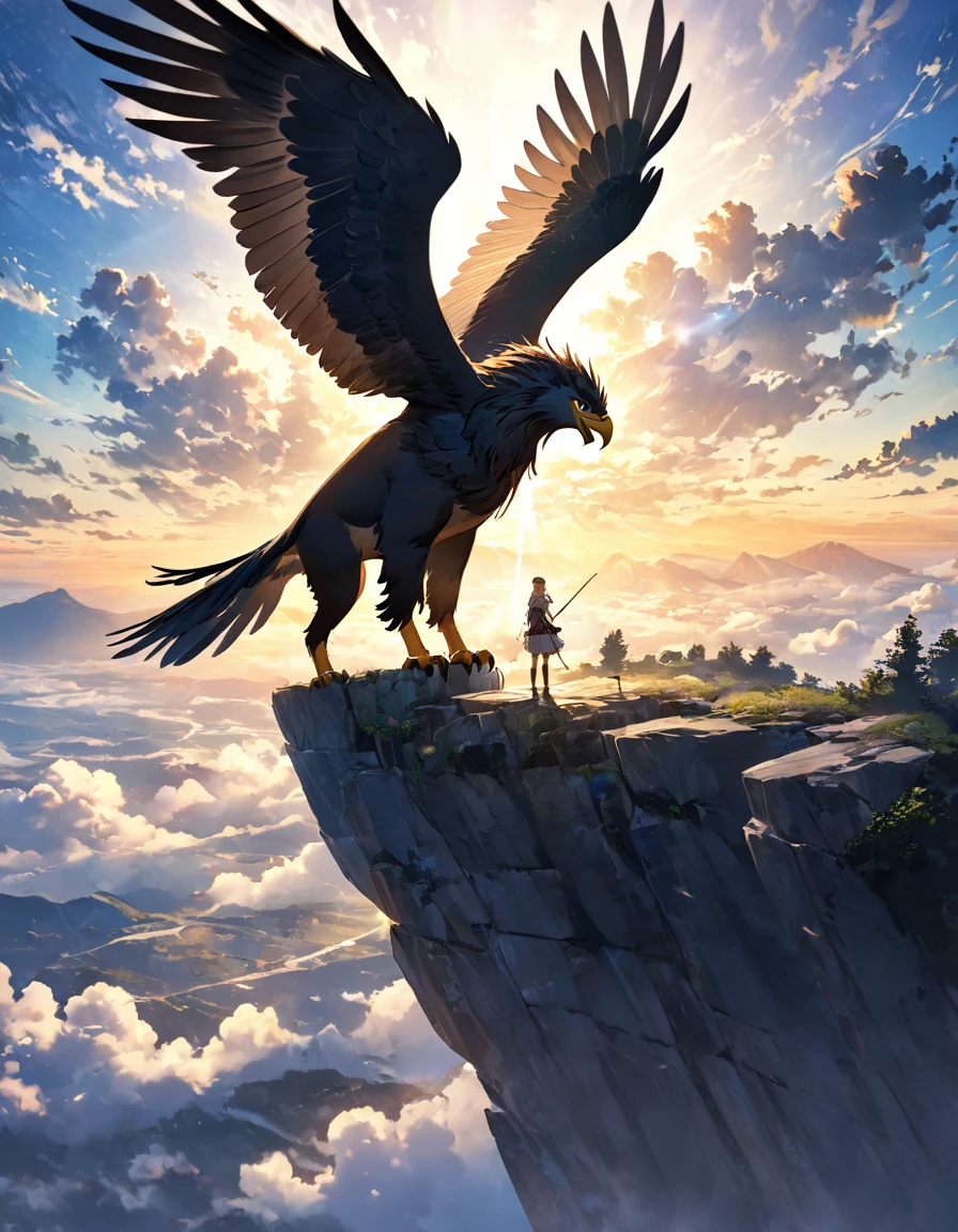 ((Amazingly absurd)),(masterpiece:1.2),超High resolution, Attention to detail, high quality, High resolution, 最high quality, 4K, 8k、Shout to the sky、close
、Fictional Animals、((Griffon))、Standing on a cliff、The sky is cloudy、covered with thick clouds.、The sunlight shines through the gap, Create a sacred atmosphere.