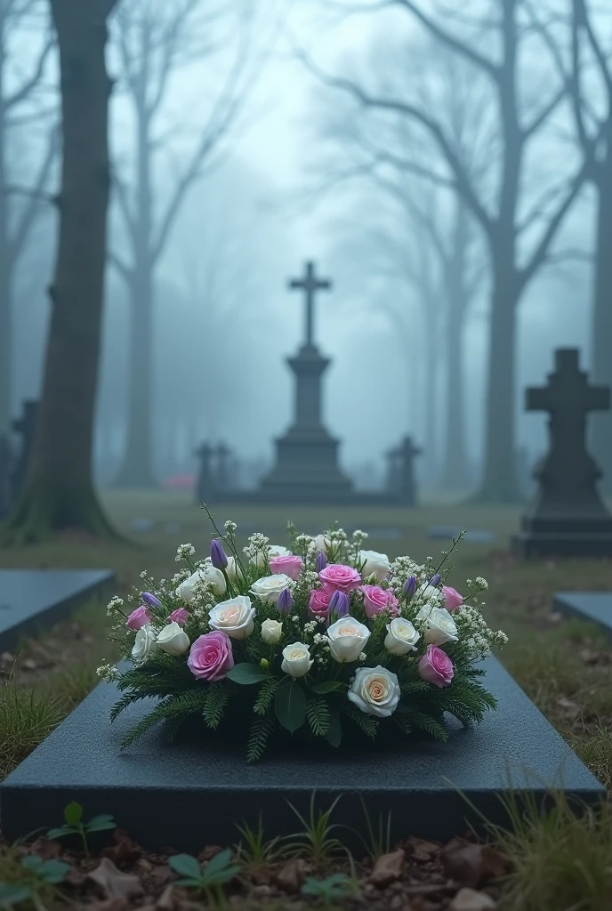  A cold morning in a cemetery and an untouched grave , with flower crowns 
