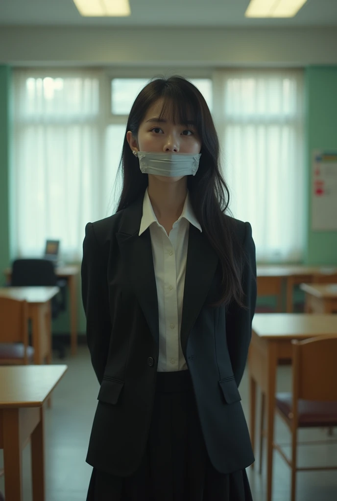 a japanese woman tied to a chair with ropes, (hands tied in the back), tape gagged, necktie, dark blazer and white shirt, (crying), teary eyes, classroom