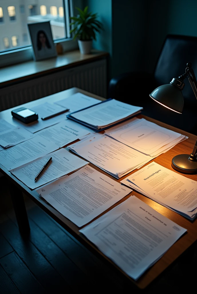 A photo taken from above of medical examiner paperwork on the table, Extremely realistic and with Samsung phone quality, that a window is visible and that the time is already getting dark, with a lamp on the table
