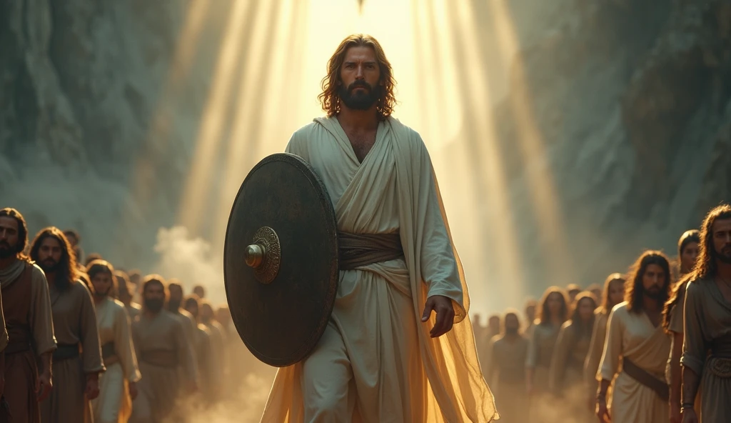 A realistic, cinematic, 8k image, a central figure of Jesus Christ with shoulder-length wavy brown hair and full beard, dressed in a white robe. He holds a large shield protecting the people behind him. The figure's expression is serious and determined, with intense eyes looking directly at the viewer. His right hand is in a defensive position, while his left hand holds the shield prominently in front of him, slightly to the right. In the middle of the land, numerous individuals. The background features large trees, dangers and darkness. The lighting is bright and warm, with beams of golden light illuminating the scene from above, creating a divine glow and soft shadows that enhance the spiritual atmosphere. The overall color palette includes shades of white, gold, blue and brown, with high contrast and saturation, emphasizing the epic and majestic mood of the artwork.