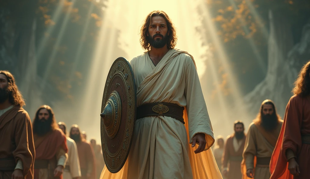 A realistic, cinematic, 8k image, a central figure of Jesus Christ with shoulder-length wavy brown hair and full beard, dressed in a white robe. He holds a large shield protecting the people behind him. The figure's expression is serious and determined, with intense eyes looking directly at the viewer. His right hand is in a defensive position, while his left hand holds the shield prominently in front of him, slightly to the right. In the middle of the land, numerous individuals. The background features large trees, dangers and darkness.  The lighting is bright and warm, with beams of golden light illuminating the scene from above, creating a divine glow and soft shadows that enhance the spiritual atmosphere. The overall color palette includes shades of white, gold, blue and brown, with high contrast and saturation, emphasizing the epic and majestic mood of the artwork.