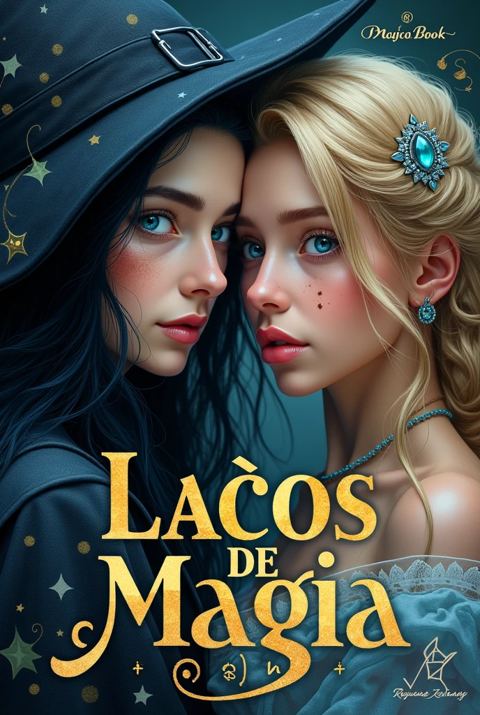Create a book cover with two female twins. One of them is a witch, with black hair, blue eyes and white skin. She has a mole on her face and should have stronger, more striking features., highlighting her witch nature. The other woman is a princess, with light blonde hair, with side swept, blue eyes and tanned skin. She has a scar on her cheek and should be portrayed with gentler, more delicate features.. The title of the book is 'Laços de Magia' and the author's name is Rayane Kauany. The cover should reflect a magical and mysterious tone