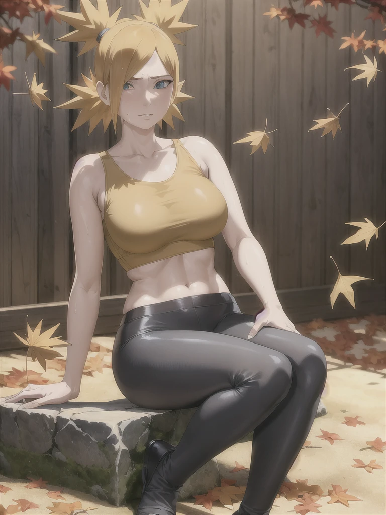 Artwork, absurderes , (Intricate details), (fullcolor),cinematic lighting,gunshot, no bust,extremely detailed 8k CG unity wallpaper,Temari\(boruto\), 1 girl, mature woman,yellow t-shirt,wore a tight black bra, wet white panties, While sitting, Full ar, (falling leaves:1.3), Outo
no leaves, (Thu), sun lighting, Maple tree, parted lips,Tuuli, looking ahead at viewer,