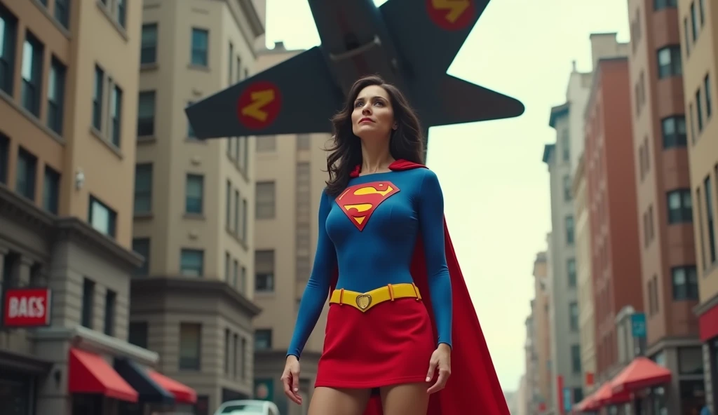 (((very sexy beautiful and strong old Supergirl (((1984s costume))) Julie Hagerty(((Dark hair))) Super old woman Julie Hagerty; confident, powerful, indestructible, attractive; big and firm chest; strong breasts, confident and powerful, with an attractive and indestructible physique, large and firm breasts, effortlessly lifting a fighter plane on the street, fighter plane raised above your head, highly detailed, photorealistic, 8k, HDR, cinematic lighting, fantasy, DC comics