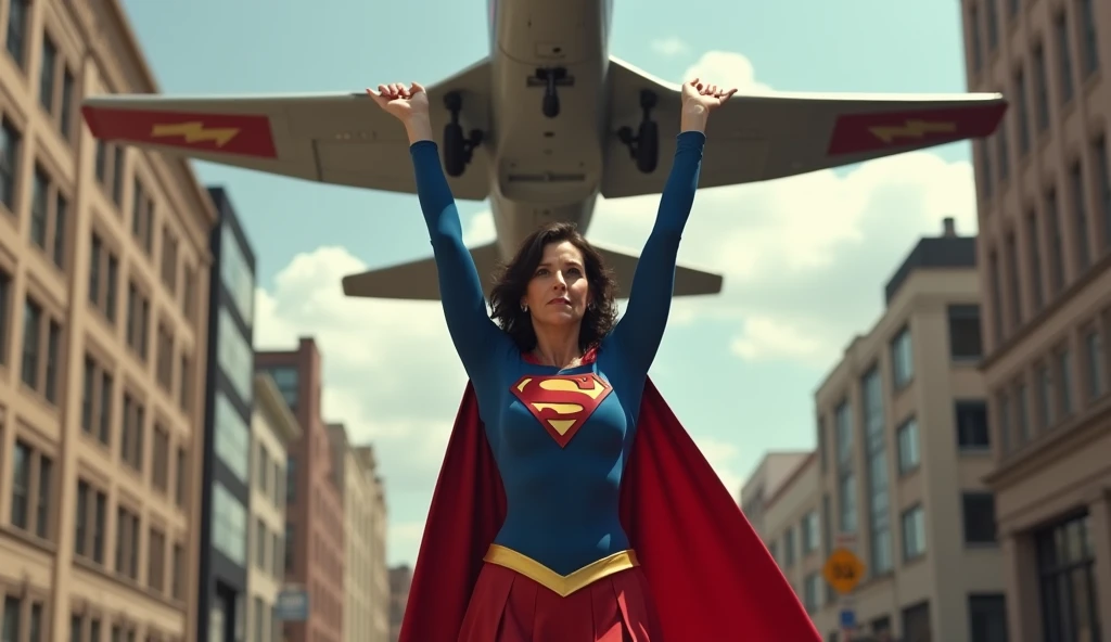 (((very sexy beautiful and strong old Supergirl (((1984s costume))) Julie Hagerty(((Dark hair))) Super old woman Julie Hagerty; confident, powerful, indestructible, attractive; big and firm chest; strong breasts, confident and powerful, with an attractive and indestructible physique, large and firm breasts, effortlessly lifting a fighter plane on the street, fighter plane raised above your head, highly detailed, photorealistic, 8k, HDR, cinematic lighting, fantasy, DC comics