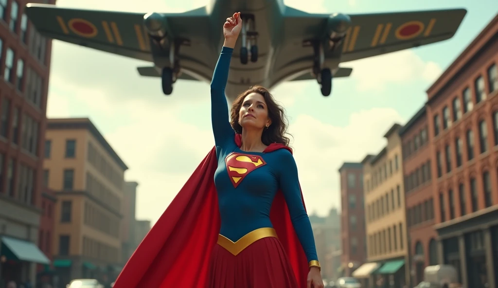 (((very sexy beautiful and strong old Supergirl (((1984s costume))) Julie Hagerty(((Dark hair))) Super old woman Julie Hagerty; confident, powerful, indestructible, attractive; big and firm chest; strong breasts, confident and powerful, with an attractive and indestructible physique, large and firm breasts, effortlessly lifting a fighter plane on the street, fighter plane raised above your head, highly detailed, photorealistic, 8k, HDR, cinematic lighting, fantasy, DC comics