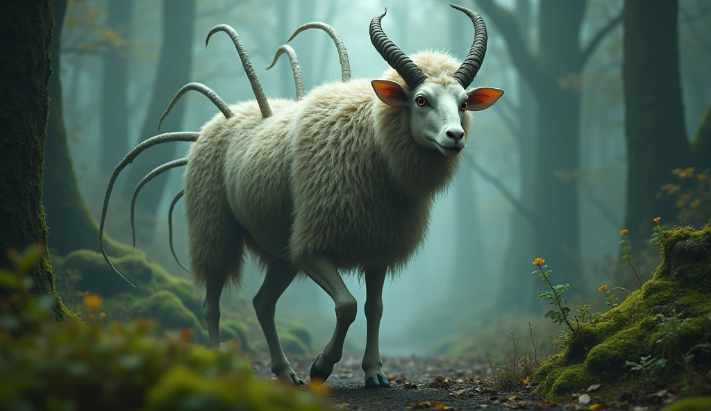 There is a wild beast in the strange forest，Sheep-like appearance，No eyes but four ears，Its eyes are on its back.，There are nine long tails behind（best quality，4K，8k，High level，masterpiece：1.2），Ultra Detailed，（lifelike，Photo real，Photo real：1.37）