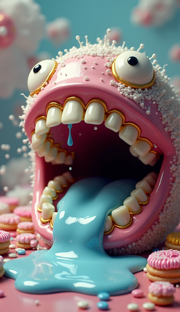 Big mouth, Teeth, white teeth, big teeth, gold teeth, Blue saliva brush, candy, cake, there is to, Space