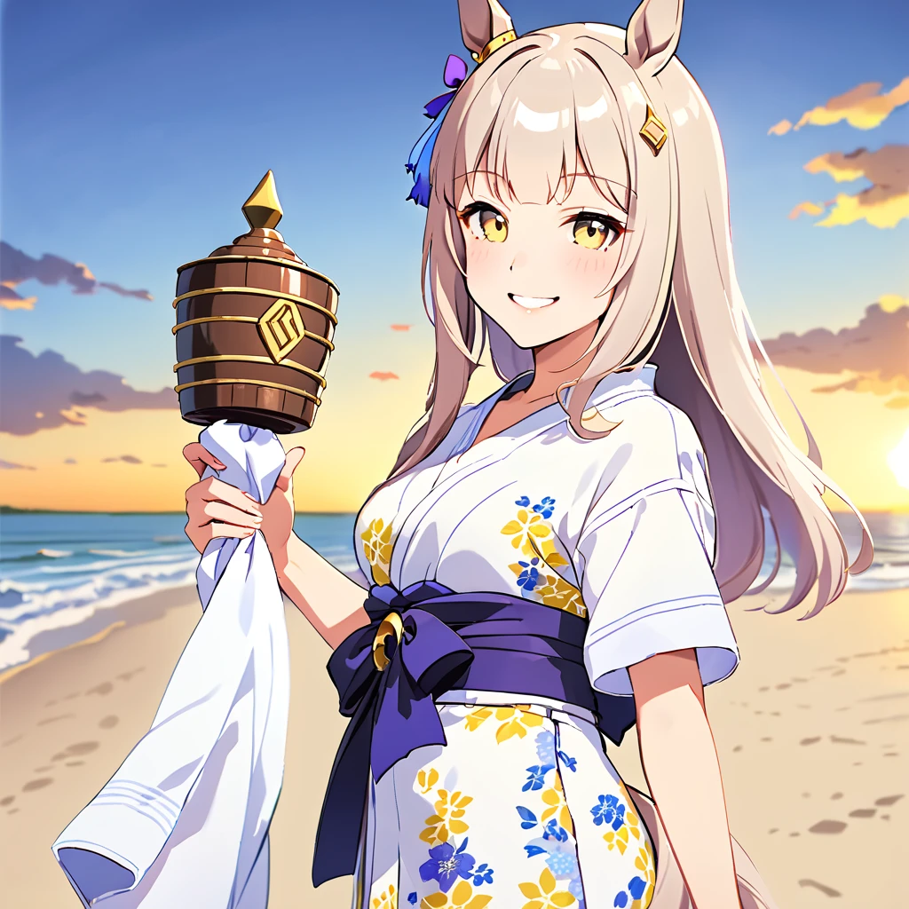 4K Works,Highest quality,Gold Ship、(umamusume)、, yukata, Horse tail, fine hair ornaments, Seaside、smile、Yellow Eyes