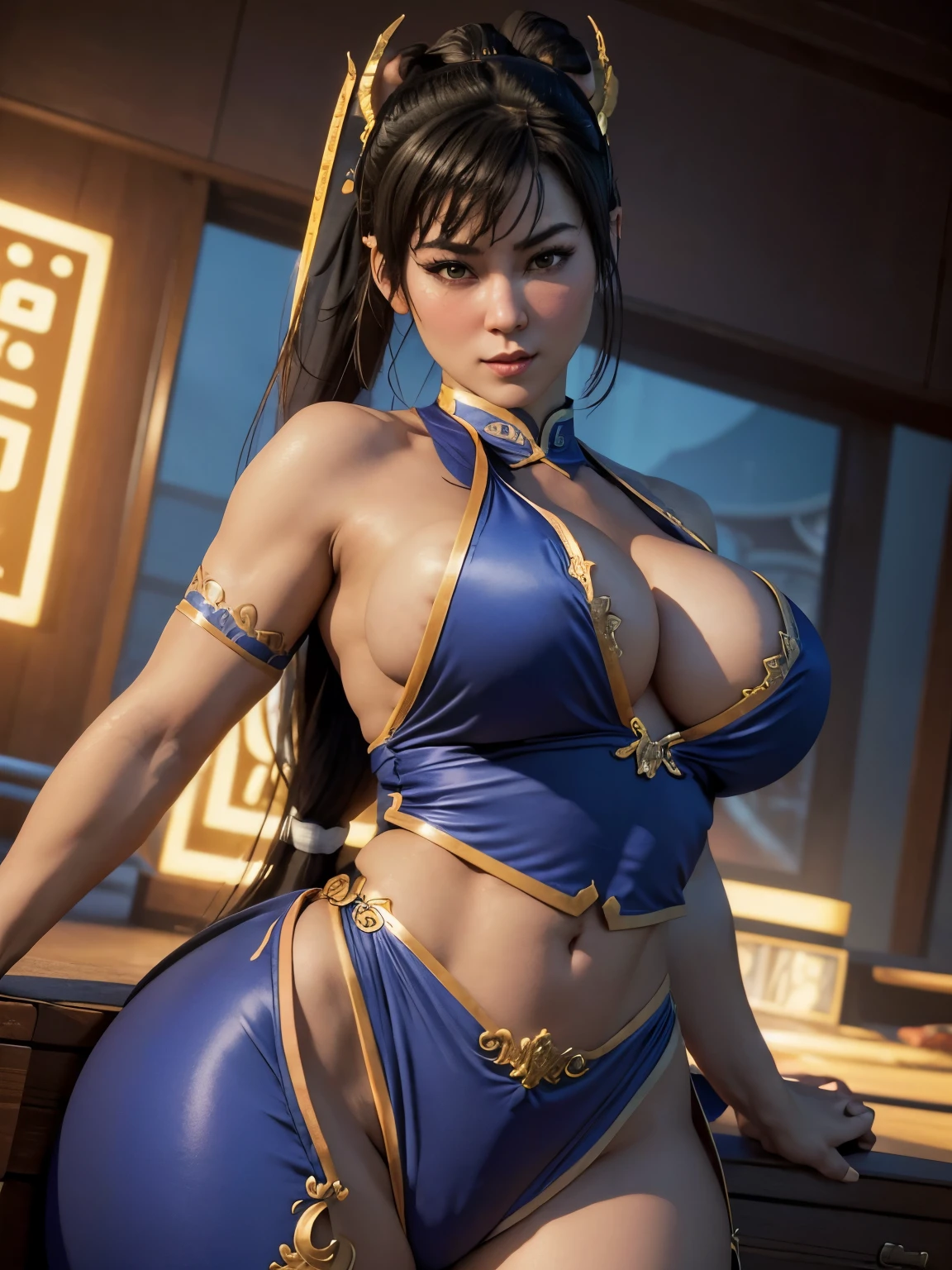 ((woman based on the character chun li)), big long breasts, giant tits, new chun-li musculosa, martial art, fight scene showing pubic hair, toned wide, large hips, ((ultra realisitic)), TM Ninja white, Icons, cores Vibrants, vector style, digitl art, 8k, details Intricate, mesmerizing, professionally made, beautiful vector illustration, 12k resolution, 3d, all characters detailed in full length, ((highy detailed)), ((Vibrant)),((ultra high-quality)), ((Hyper-Realism)), ((fotorrealism)), [octan rendering] , in town, Lots of cars (realisitic), ultra details, accessories, erotic, chun-li serene look, detailed perfect face, greeneyes, (porn)