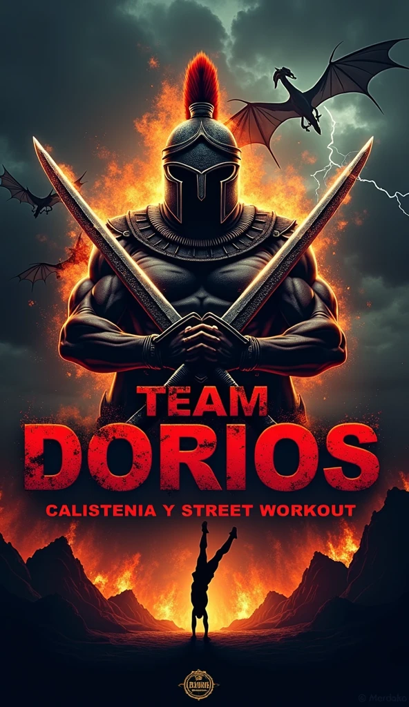 I want you to create a typical logo for an elite calisthenics athlete team..
To detail the idea The Logo Should have a Greek warrior helmet with 2 swords in front of it in X, The background will be like a dungeon of the underworld, dark and with flames that express lament, anger and fear. With Dragons Flying In The Distance And Thunder Falling With The Words Of "Team Dorios" In front of the logo, Big letters with blood that inspire respect and inspiration and in the lower part of the image I want you to put the words "Calistenia Y Street Workout" With Radiant Matte Colors, That Generate Respect, Motivation and Inspiration" And Below The Words Is A Completely Black Person Making A "A Handstand"