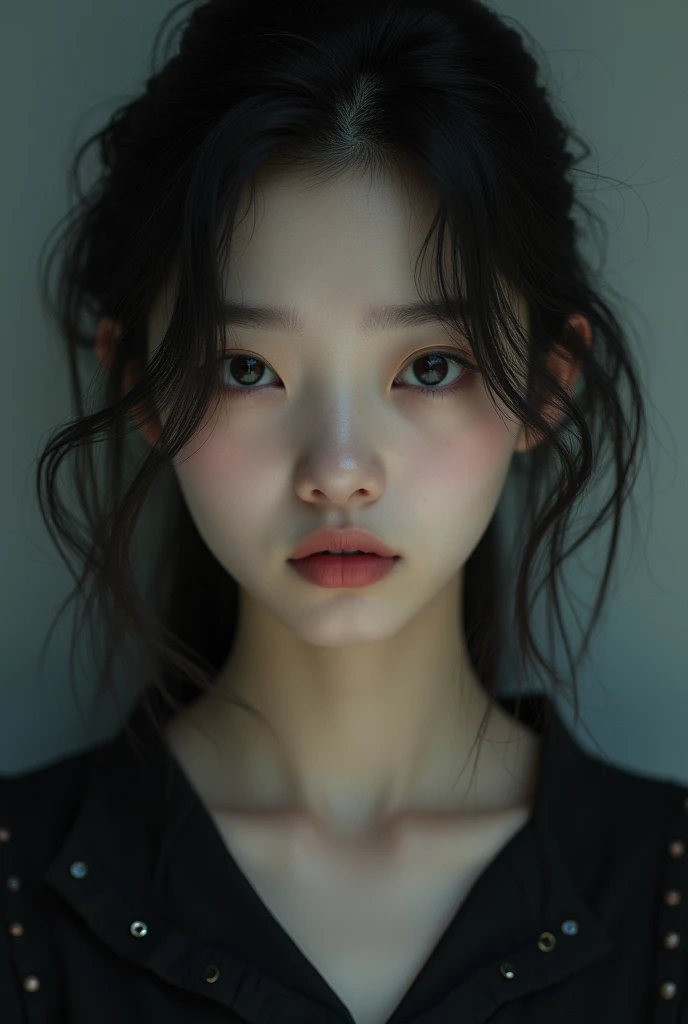 Generates a real front photo of a Korean teenage girl with mysterious style 
