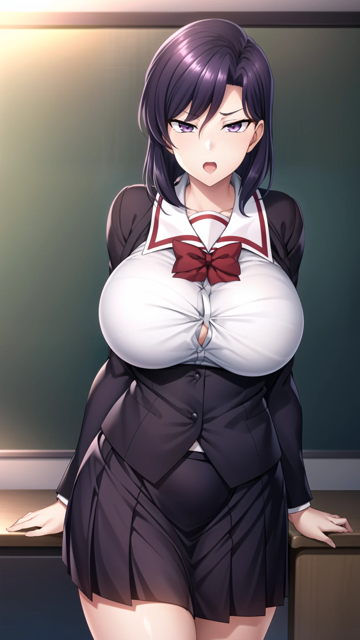 widen eyes, cowboyshot, mature woman, thick body, 1girl, short hair, purple hair, constricted eyes, solo, purple eyes, wide hips, school_uniform, white shirt, red_bowtie,:0, medium skirt, pleated_skirt, black_skirt, black_socks, black_hair, huge_breasts, hair_ribbon, , standing, surprised , , portrait, classroom, looking_at_viewer,
