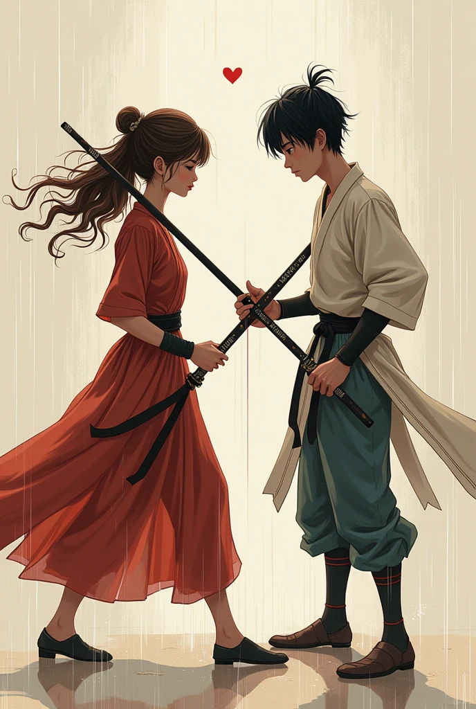 Create an art , minimalistic , Simpler , of a couple in love , under the rain , the woman with brown hair, medium wavy, the man with short hair , They are both martial arts fighters and are fighting, the woman has the baton, and the man with a dagger , and they love each other , to be used in a tattoo