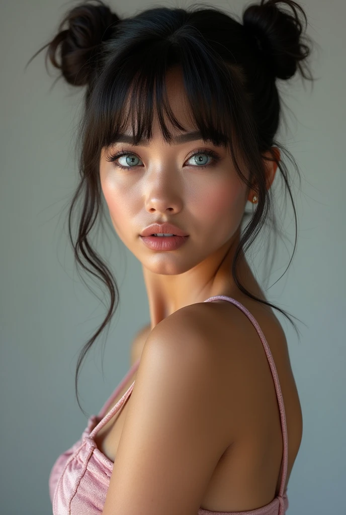 Mexican A beautiful pale-skinned Latina. , eyes blue, Whole body, perfect body, two buns, straight bangs, (Best Quality,4k,8k,High resolution,masterpiece:1.2),ultra detailed,(realist,photorealist,photo-realist:1.37),HdR,HD,studio lighting,Ultrafine paint,sharp focus,physically based rendering,extreme detailed description,professional,vivid colors,bokeh,portrait,glamour,sensual,seductive, in the style of Retna, Whole body portrait