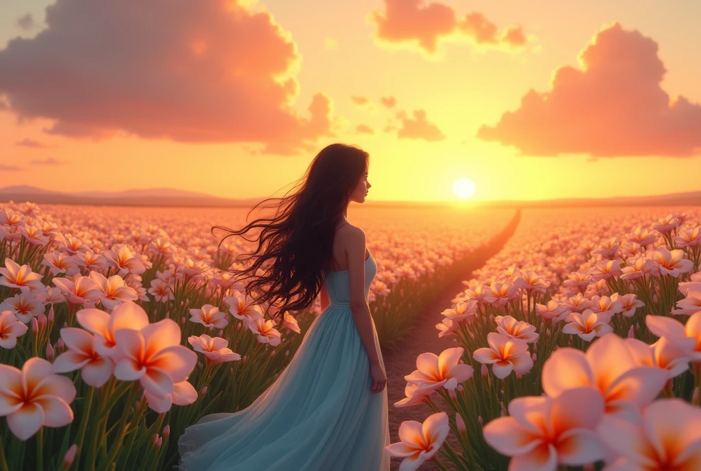  vast plumeria field flowers during sunset, a lady with long black and wavy hair wearing baby blue dress