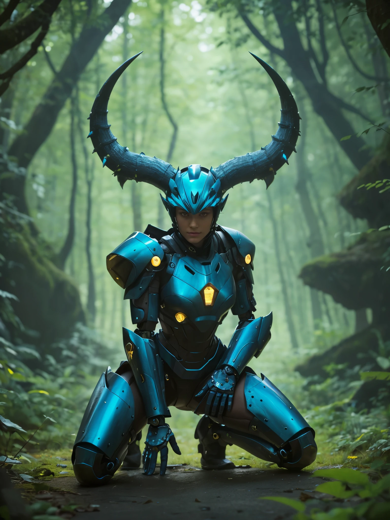 girl, kneeling, one knee up, full body mechanical armor, modern futuristic aesthetic, short bob hair, bangs, detailed face, looking at viewer, wild beast horn, strange forest, (best quality, high level, masterpiece:1.2), ultra detailed, 