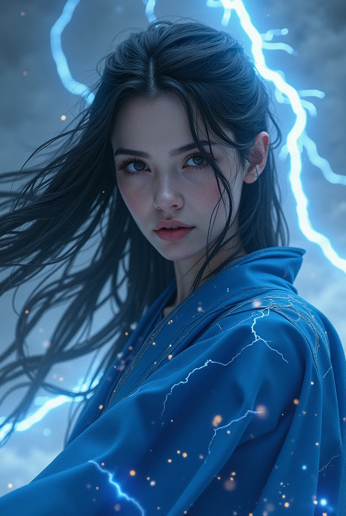 A beautiful woman with long black hair, detailed facial features, wearing blue battle attire, surrounded by electric currents, with the ability to control thunder, set in a cloudy sky with dramatic lightning effects, (best quality,4k,8k,highres,masterpiece:1.2),ultra-detailed,(realistic,photorealistic,photo-realistic:1.37),extremely detailed eyes and face,longeyelashes,detailed clothing,dramatic lighting,cinematic composition,epic fantasy,moody atmosphere,vibrant colors,volumetric lighting,dramatic clouds,powerful lightning