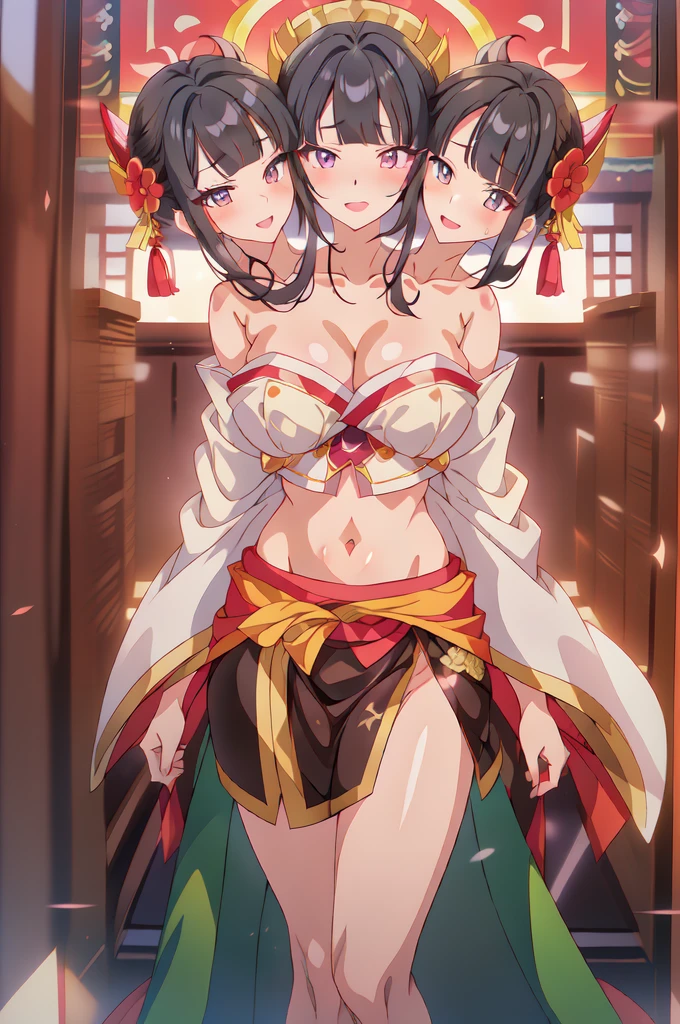 akeginu, masterpiece,best quality, highres,absurdres, intricate details,highly detailed skin, 1girl, solo, black hair, black makeup, lipstick,  red kimono, long hair, hair over one eye,  large breasts, red lips, (3heads:1.5), open belly, very huge breasts, (very beautiful eyes:1.5), (very detailed eyes:1.5), exposed midriff, 3heads, three headed girl, girl with three heads,
(movie composition), amazing composition, depth of field, indirect lighting, ambient lighting, , (dynamic colors),  
 (sexy expression), evil grin, masterpiece, best quality, highly detailed, a anime girls in kimono dress with a sword posing for a
picture, bare shoulder,open kimono, evil smile, open mouth, crop top , (nsfw) not safe for work, smile,
ecchi anime style, anime girls, ecchi style, ecchi, digital anime art!!, in anime style, official artwork, visual
novel cg, beautiful anime girl, anime style 4 k, kimono pencil skirt, exposed belly, exposed navel,
exposed midriff, exposed lower belly, outdoor, japanese architecture, temple