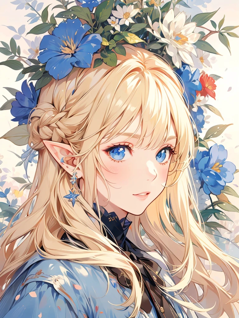 masterpiece, Highest quality, One girl, Super detailed, Ultra-high resolution, Distinct facial features, Anatomically correct, pretty girl, Long pointy ears, Fairy, Nice face,Blonde, blue eyes,Impressionism, Renoir, Flower garden