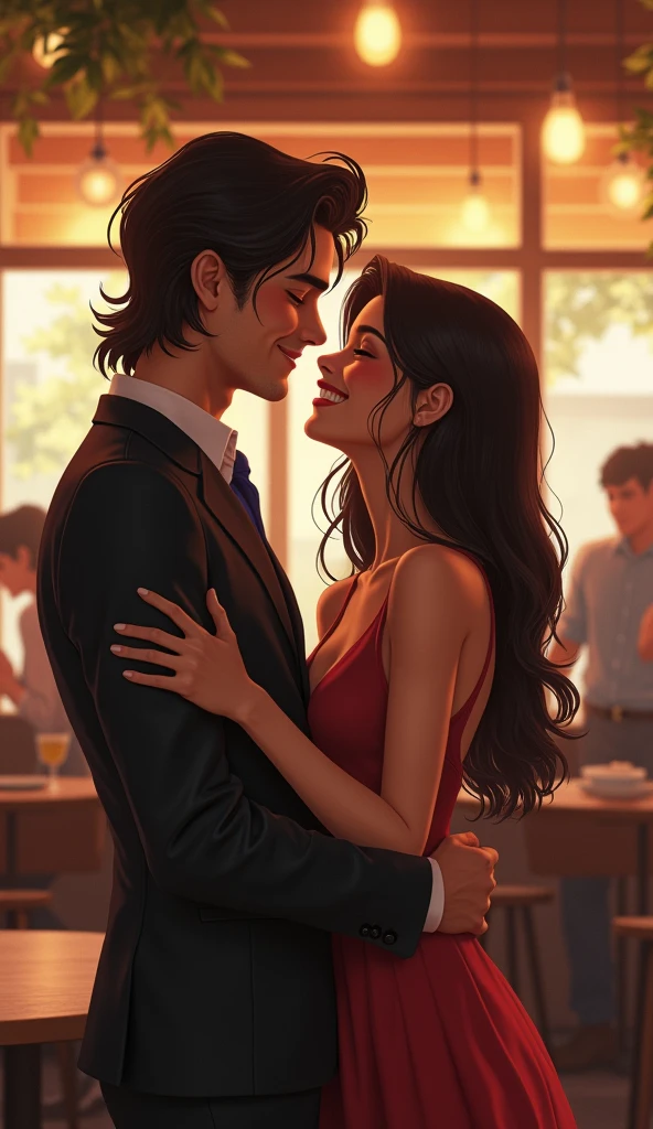 Image of a girl with brown hair wearing eye-catching but casual clothes with a white or cream wool sweater and a short black something that starts with a skirt.
Now that girl just like this, That she is flirting with a 19-year-old curly-haired guy, half-dark. Let the two of them see each other face to face., the girl flirting with him wanting him to touch her
From the image you sent, have the boy's hand be more, but lower down on the girl's thigh
That the boy is dressed as a butler and that his hand is lower down on the girl
That the girl gives the boy a drink as if they were at a youth party at night, but the boy doesn't want to and he is shy, while the girl on the contrary