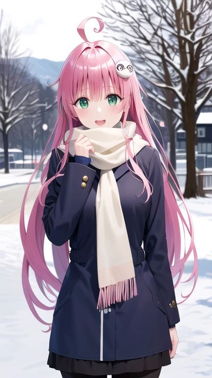 masterpiece, best quality, highres, aalala, long hair, ahoge, hair ornament, green eyes, breasts, winter clothes, scarf, park, outdoors